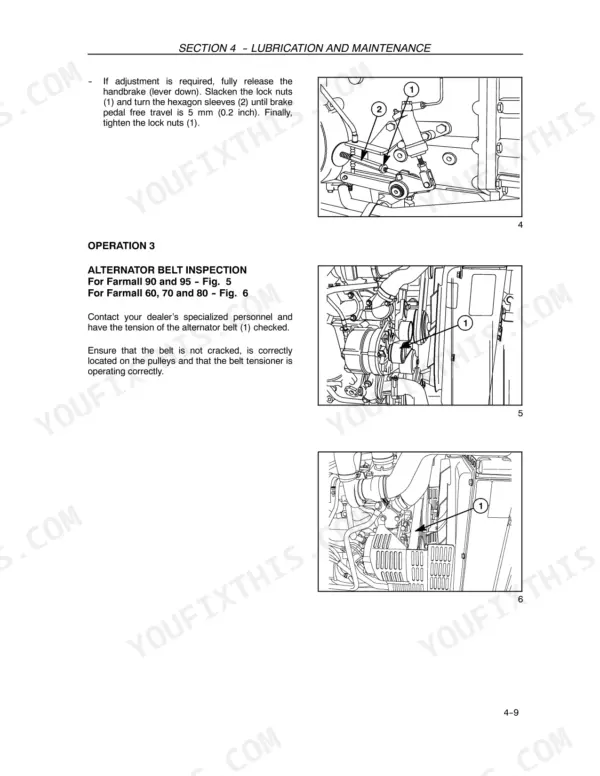Case IH FARMALL 60-95: Handbrake adjustment procedure and alternator belt inspection diagrams.
