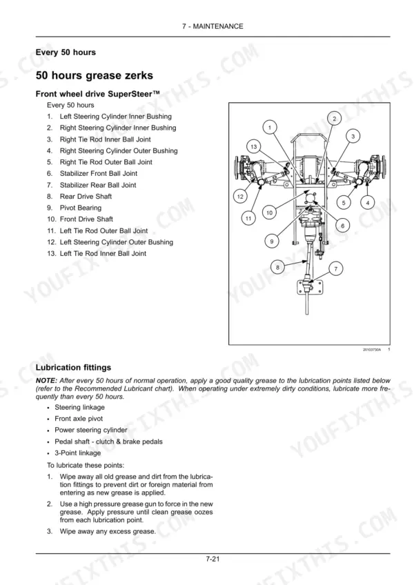 Case IH Farmall 40B CVT, 45B CVT, 50B CVT 50-hour SuperSteer grease zerk locations and maintenance diagram.