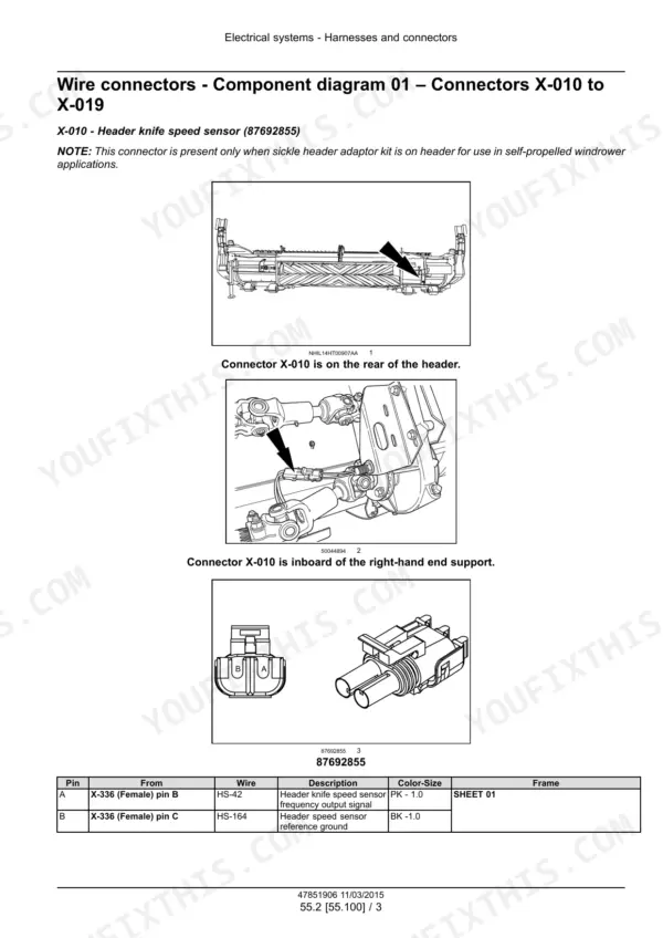 Case IH HDX122, HDX142, HDX162, HDX182, Sickle Header: X-010 knife speed sensor connector diagram and pinout table.