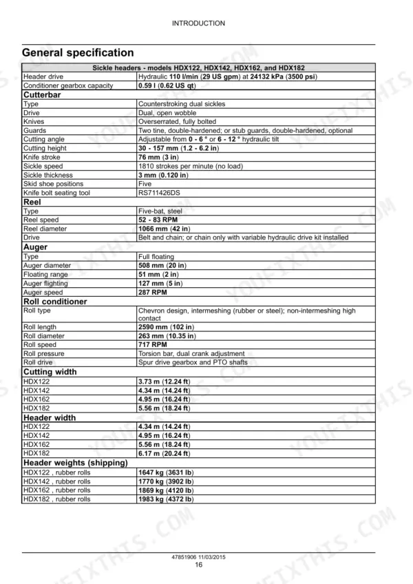 Case IH HDX122, HDX142, HDX162, HDX182, Sickle Header general specification table for cutterbar, reel, auger, and rolls.