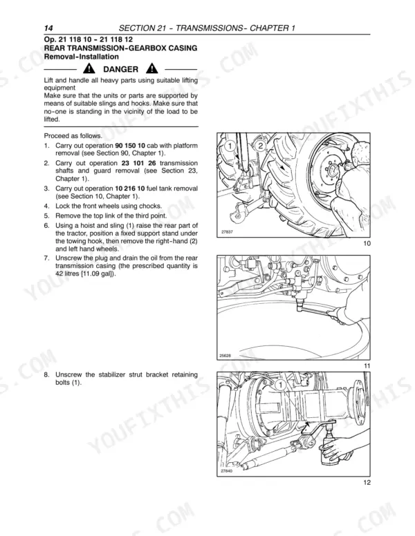 Case IH JX1060C, JX1070C, JX1075C rear transmission gearbox casing removal and installation procedure steps.