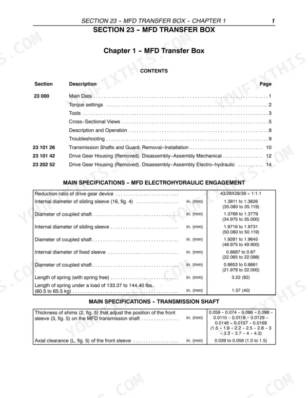 Case IH JX1060C, JX1070C, JX1075C MFD transfer box table of contents and technical specifications for transmission shafts.