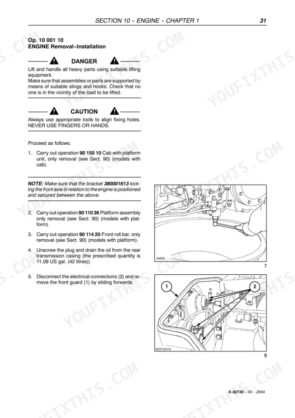 Case IH JX1060V, JX1070V, JX1075V, JX1070N, JX1075N engine removal and installation procedure steps and diagrams.