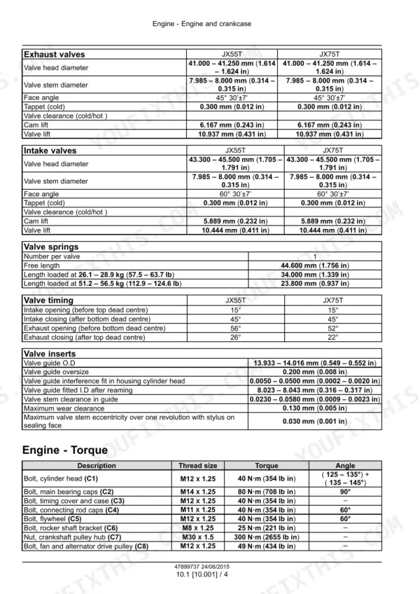 Case IH JX55T, JX75T Tractor engine valve specifications, timing, and cylinder head torque settings table.