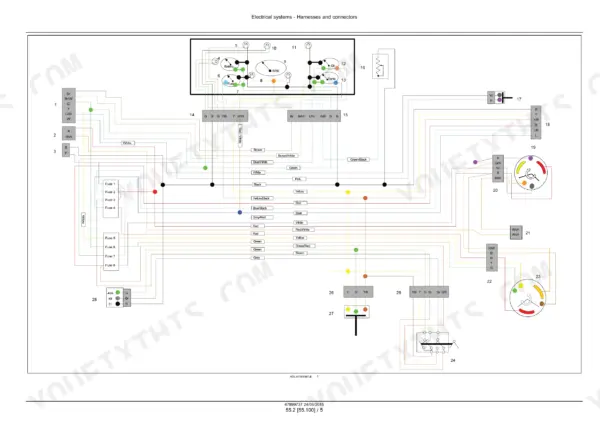 Case IH JX55T, JX75T Tractor electrical system wiring diagram showing instrument cluster, fuses, and connectors.