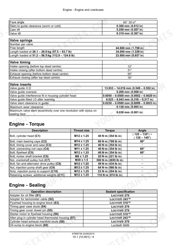 Case IH JX55T, JX75T engine specs, valve timing, valve insert clearances, engine torque settings, and sealing specifications.