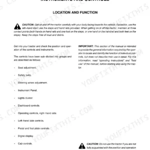 Case IH JX80U, JX90U, JX100U operator manual page listing instrument and control location and safety cautions.