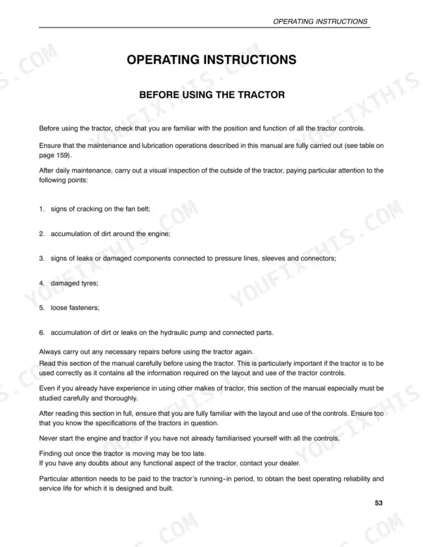 Case IH JX80U, JX90U, JX100U operating instructions for pre-use inspection and tractor control familiarization.