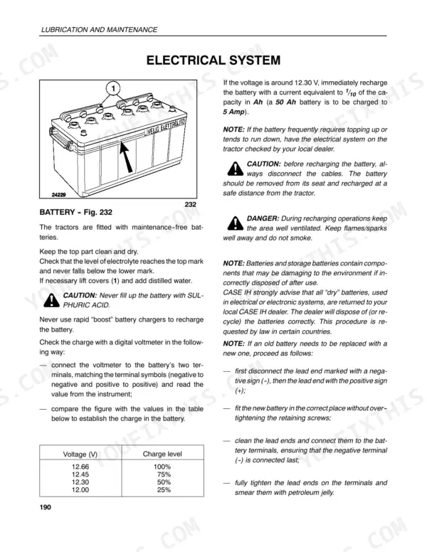 Case IH JX80U, JX90U, JX100U battery maintenance diagram, charging instructions, and voltage charge level table.