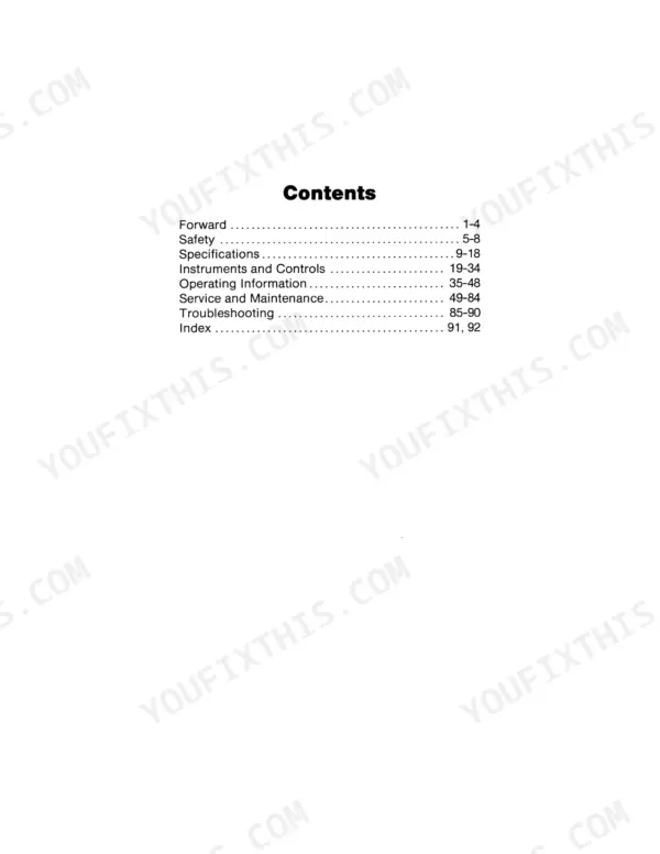 Case IH KP-525 Tiger IV, KP 525 operator manual table of contents listing safety, specs, and maintenance sections.
