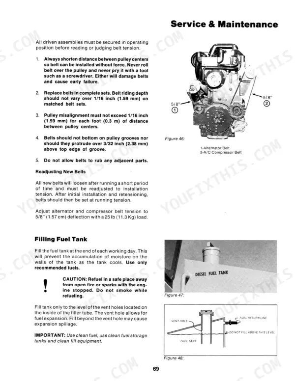 Case IH KP-525 Tiger IV, KP 525 belt tensioning procedures, alternator, A/C compressor, and fuel tank filling instructions.
