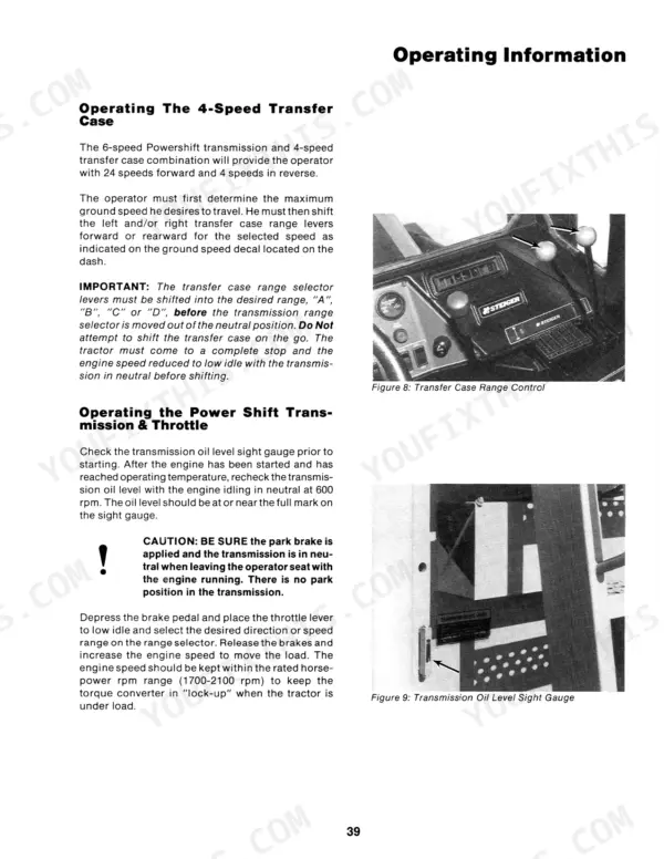 Case IH KP-525 Tiger IV, KP 525 operating instructions for 4-speed transfer case, transmission, and oil level sight gauge.