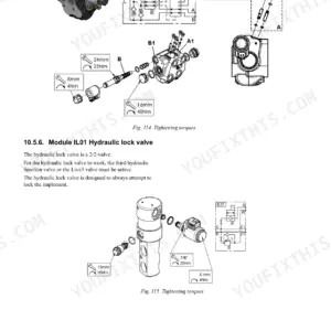 Case IH L103, L104, L105, L106, L107, L108, L795 hydraulic lock valve exploded view and torque specifications.