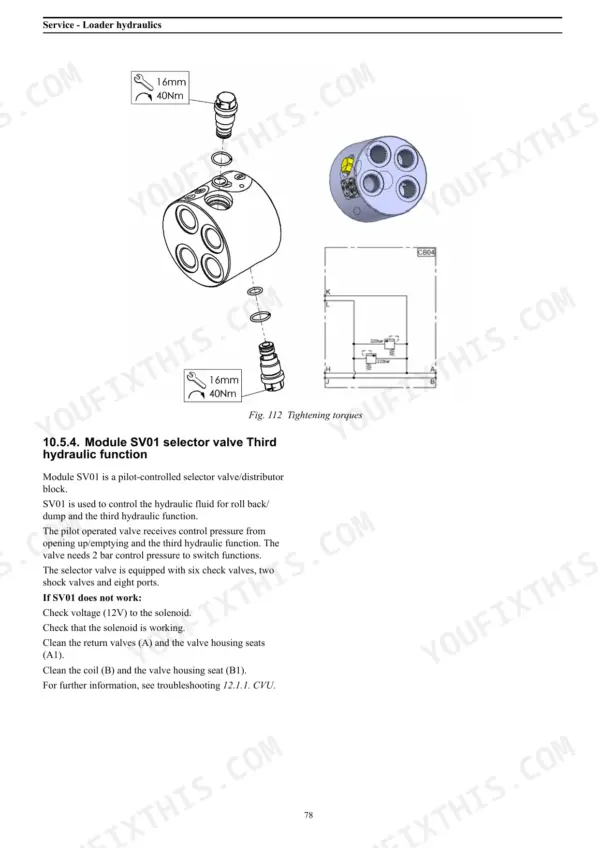 Case IH L103, L104, L105, L106, L107, L108, L795 SV01 selector valve hydraulic diagram, torque specs, and troubleshooting.