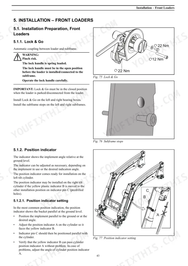 Case IH L103, L104, L105, L106, L107, L108, L795 front loader installation, Lock & Go, subframe stops, and position indicator setup.