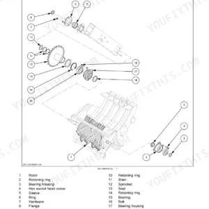 Case IH LB324–LB434 Square Baler exploded view diagram of the product feeding rotor assembly.