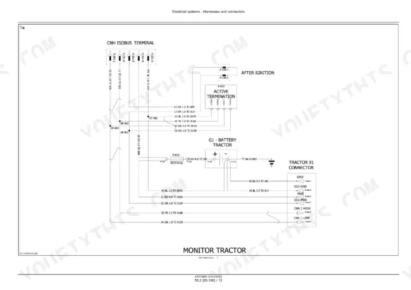 Case IH LB324–LB434 Square Baler wiring diagram for ISOBUS terminal, active termination, and tractor connector.
