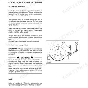 Case IH LBX-series square baler flywheel brake operation diagram showing engaged and disengaged positions.