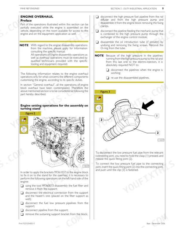 Magnum 180-210 NEF engine overhaul procedures, fuel filter removal, and low pressure pipe connection