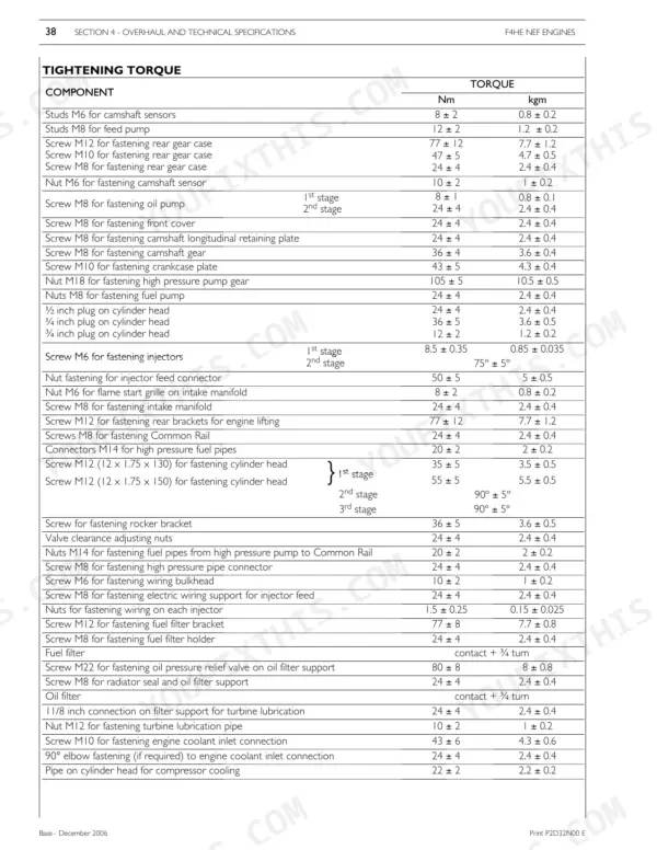 Magnum 180-210 NEF engine tightening torque specification table for components