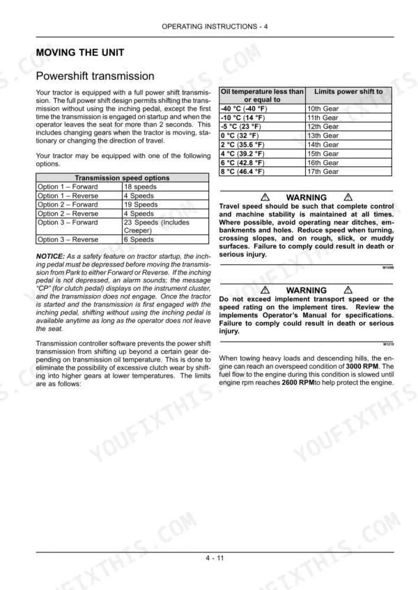 Case IH Magnum 225-335 powershift transmission operating instructions, gear speed options, and oil temperature shift limits.