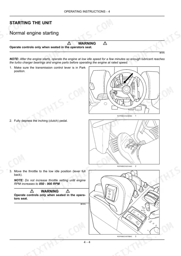 Case IH Magnum 225-335 manual: Normal engine starting procedure, transmission park, inching pedal, and throttle controls.