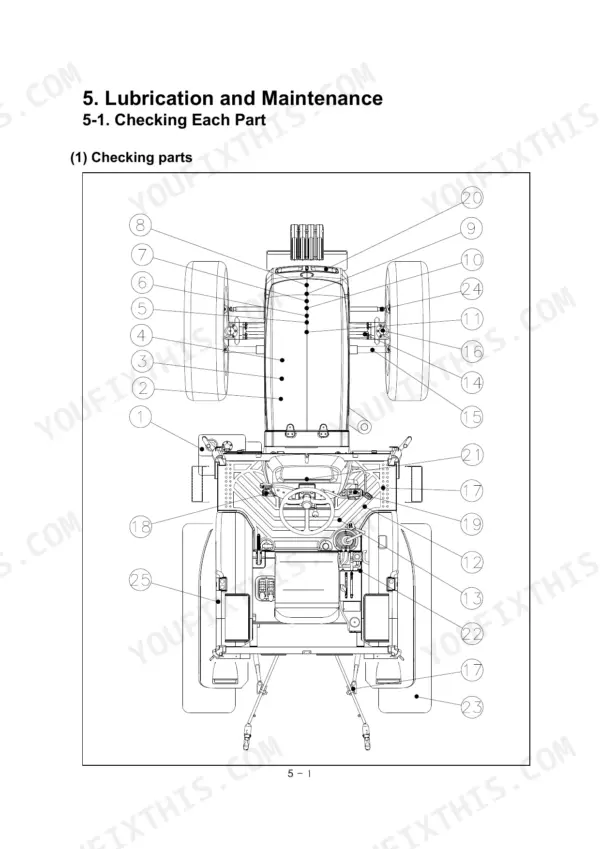 Case IH MAXXFARM 60 lubrication and maintenance diagram showing numbered inspection points on the tractor chassis.