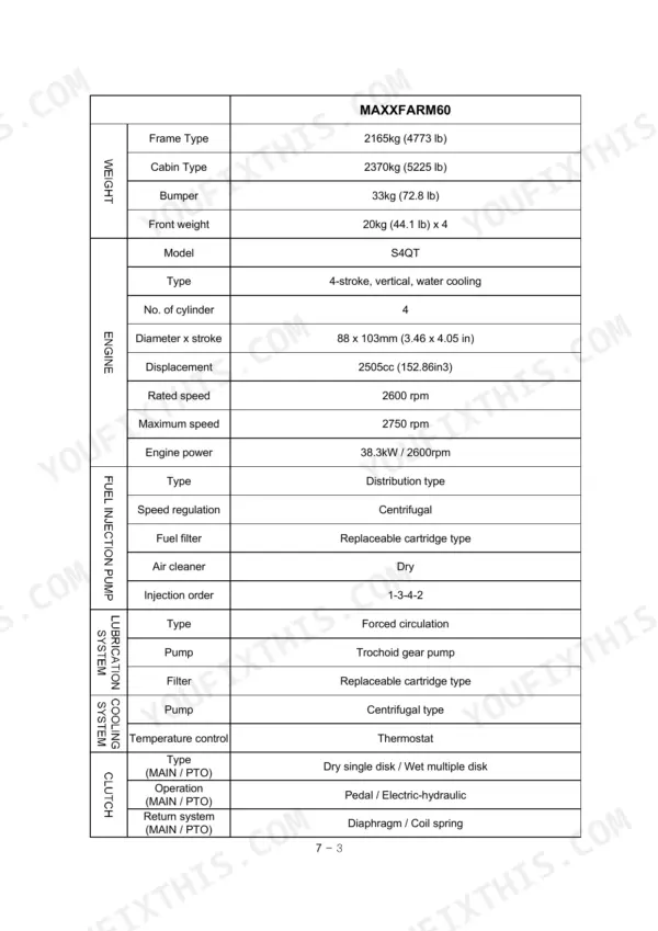 Case IH MAXXFARM 60 technical specifications table covering engine, fuel, lubrication, cooling, and clutch systems.