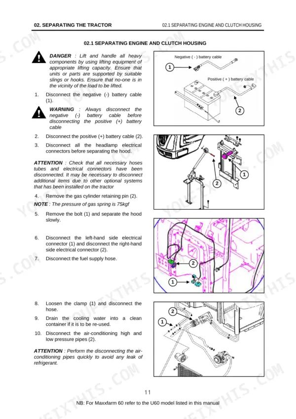 Case IH MAXXFARM 60, U60, U55, U47, U43 service manual page for separating engine and clutch housing procedures.
