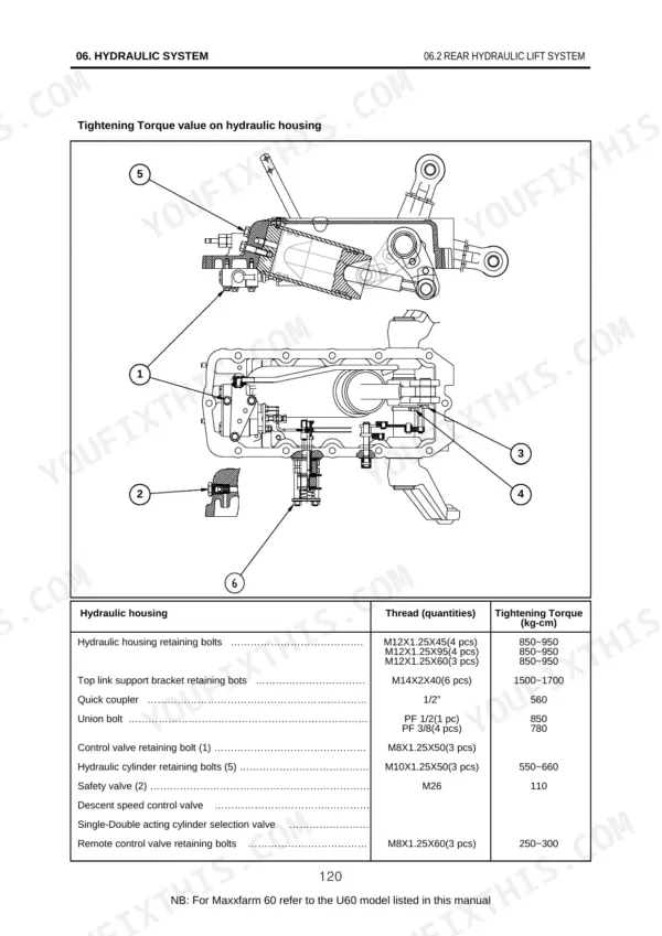 Case IH MAXXFARM 60, U60, U55, U47, U43 rear hydraulic lift system diagram and torque specification table.