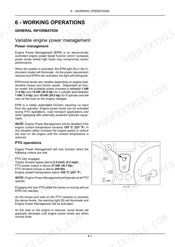 Case IH Maxxum 110-140: Engine Power Management (EPM) system description, PTO operation criteria, and instrument cluster diagram.