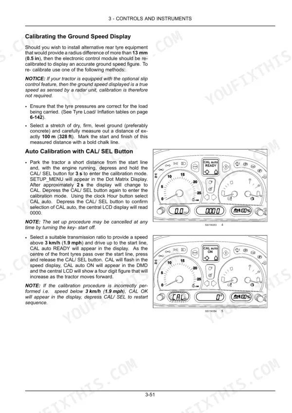 Case IH Maxxum 110-140 ground speed display calibration procedure with instrument cluster diagrams showing CAL auto status.