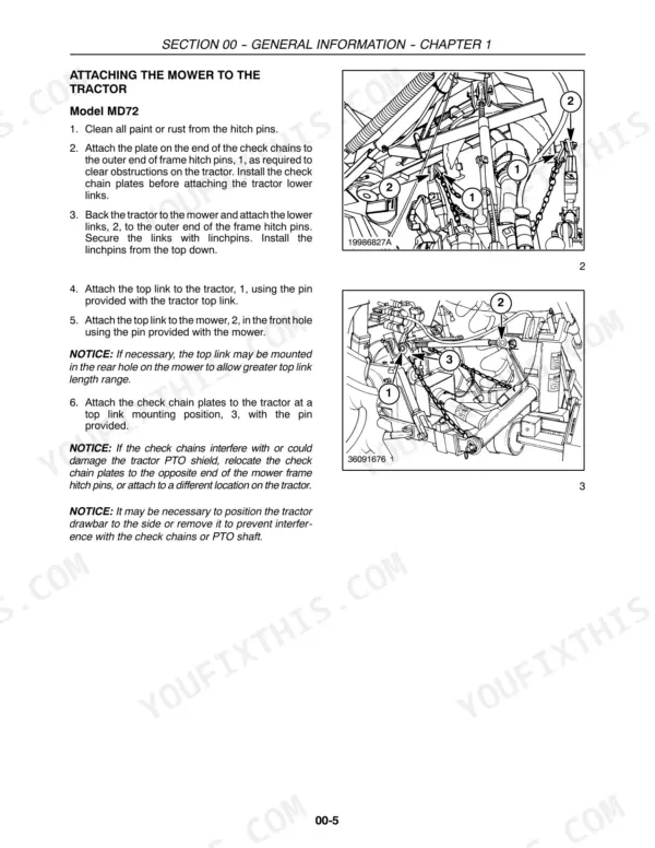 Case IH MD72, MD82, MD92 procedure for attaching the mower to the tractor with hitch pin and top link diagrams.