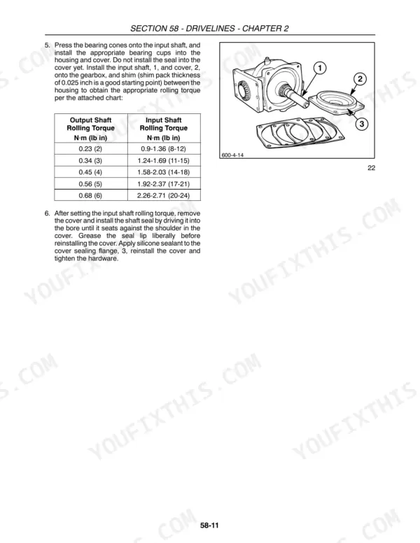 Case IH MD72, MD82, MD92 gearbox input shaft assembly procedure, rolling torque table, and exploded view diagram.
