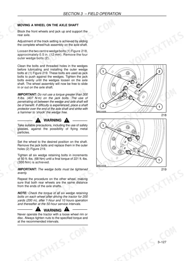Case IH MXU100-MXU135 Tractors: Procedure for moving rear wheel on axle shaft with wedge bolt adjustment diagrams.
