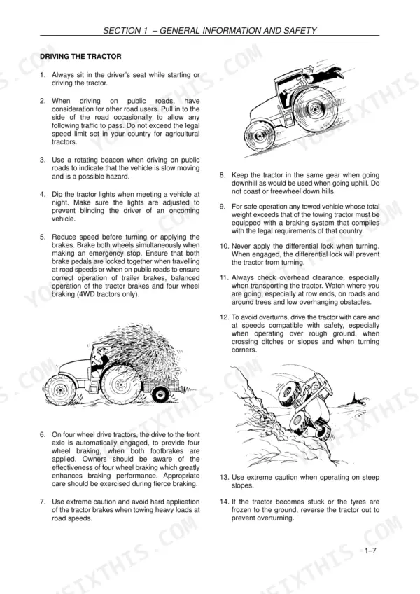 Case IH Maxxum MXU100–MXU135 safety procedures for driving and operating the tractor.