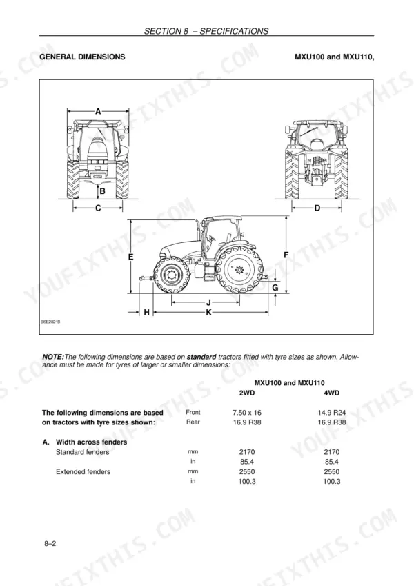 Case IH Maxxum MXU100–MXU135 general dimensions diagram and fender width specifications.
