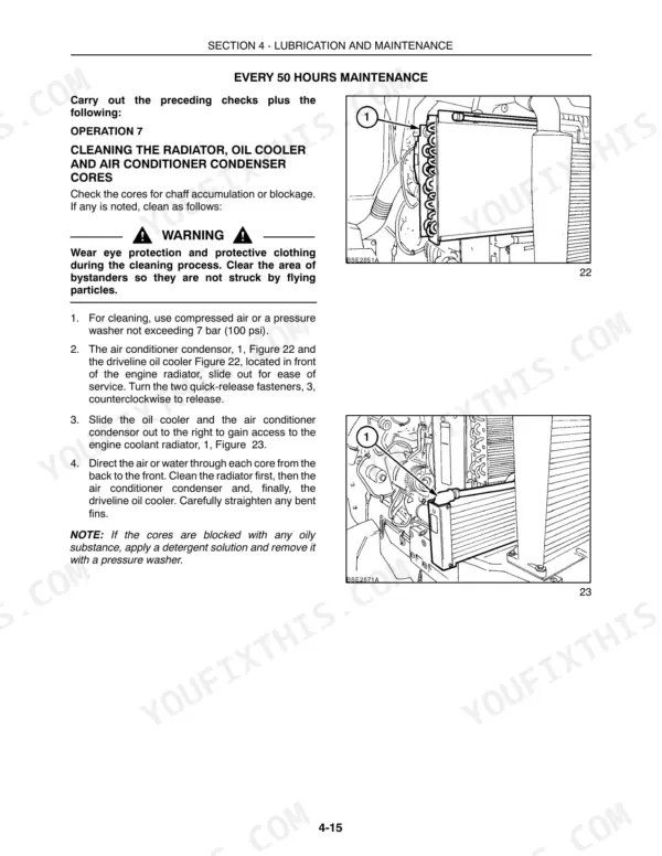 Case IH MXU100-MXU135 tractor manual: 50-hour maintenance procedure for cleaning radiator, oil cooler, and AC condenser.
