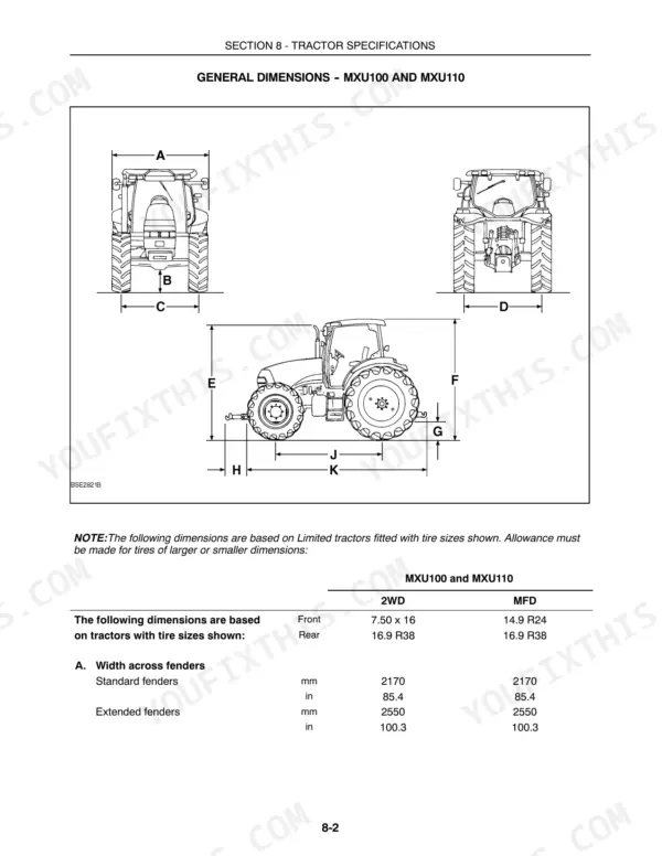 Case IH MXU100-135 tractor general dimensions diagram and table.