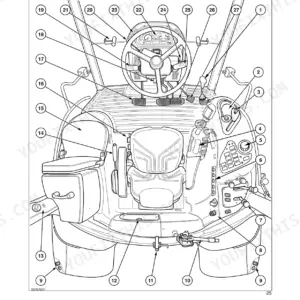 Case IH MXU100-135 PRO tractor cab controls diagram showing steering wheel, operator seat, pedals, and console levers.