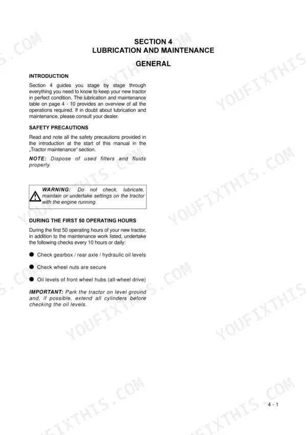 Case IH MXU100-135 tractors lubrication and maintenance introduction, safety warnings, and first 50-hour service checks.