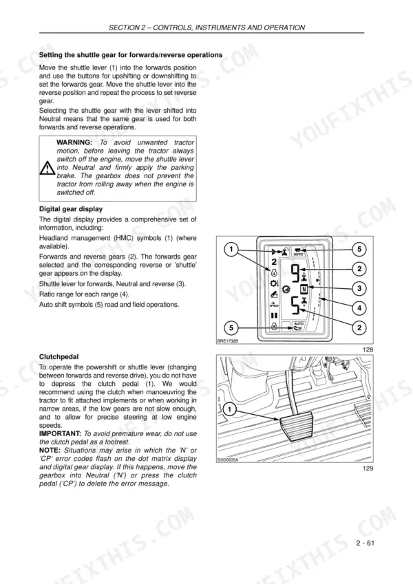 Case IH MXU100-135 PRO tractors: Shuttle gear, digital gear display, and clutch pedal operation instructions and diagrams.