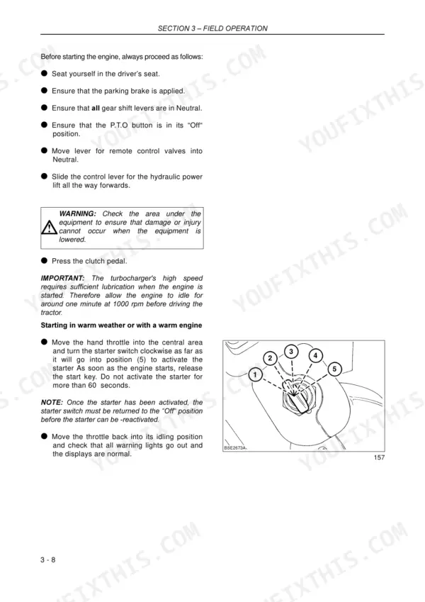 Case IH MXU100-135 PRO tractors engine starting procedure and starter switch position diagram.