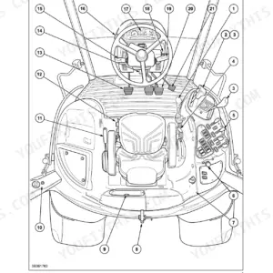 Case IH MXU115, MXU130 tractor cab and platform controls diagram showing operator seat, steering wheel, and levers.
