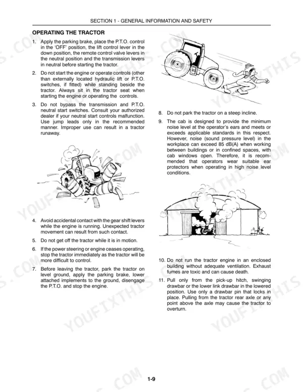 Case IH MXU115, MXU130 operator manual safety procedures for starting, parking, and operating the tractor safely.