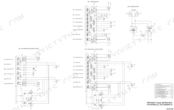 Case IH PATRIOT 4420 hydraulic schematic for 120ft and 90-100ft boom options, including auto steer and auto level systems.