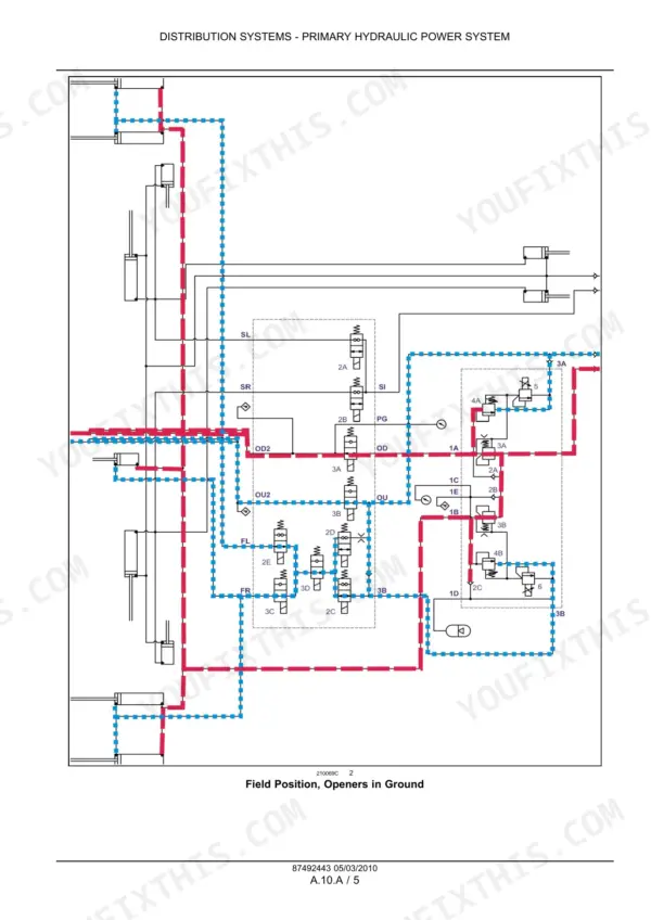 Case IH Precision Hoe 800 primary hydraulic power system diagram showing field position with openers in ground.