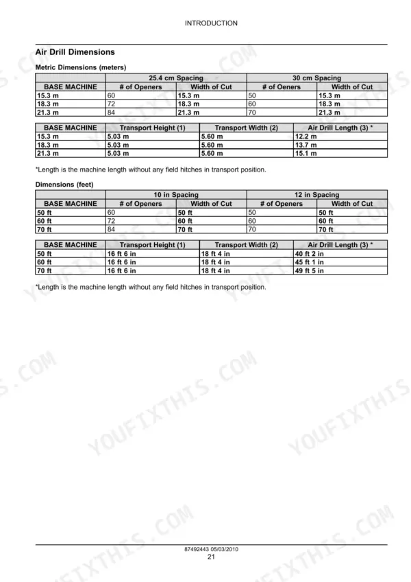 Case IH Precision Hoe 800 air drill dimensions table showing opener spacing, width of cut, and transport measurements.