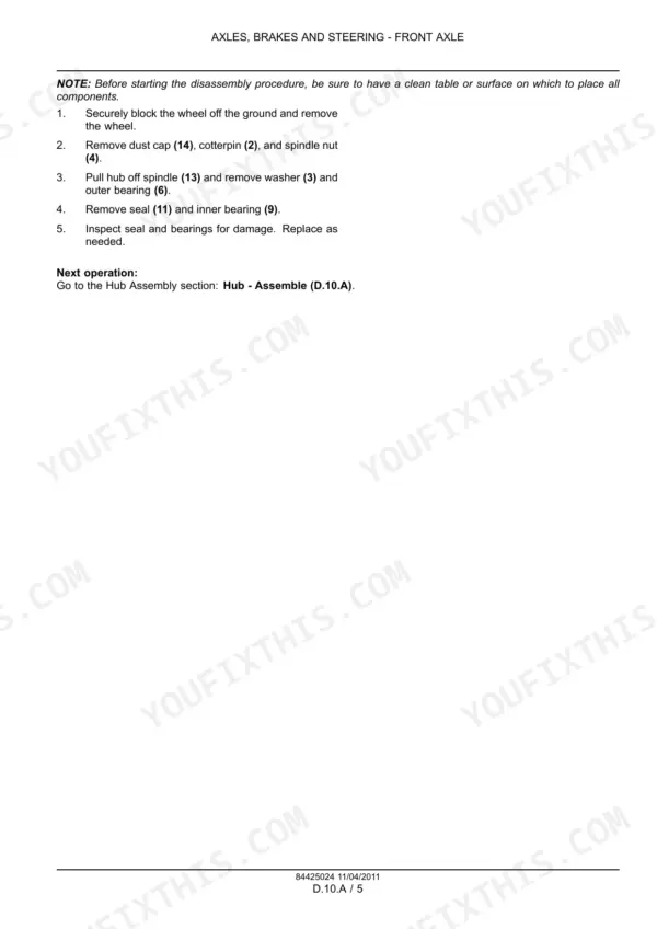 Case IH Precision Hoe 800, Precision Air Hoe Drill front axle hub disassembly procedure steps.