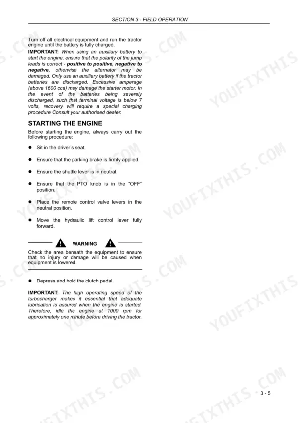 Case IH Puma 125-155 Multicontroller tractor engine starting procedure, jump start and turbocharger warm-up guide